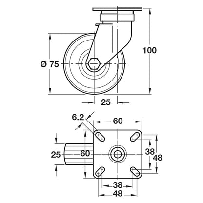 SWIVEL CASTOR NO BRAKE 60KG D75 ST