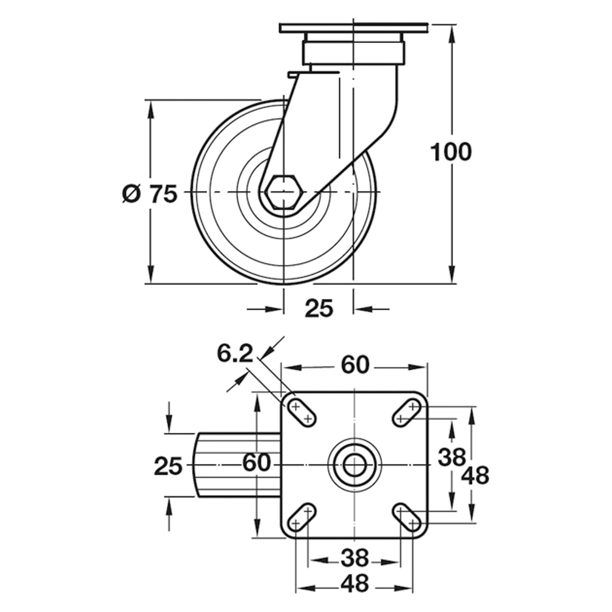 SWIVEL CASTOR BRAKE 60KG D75 ST