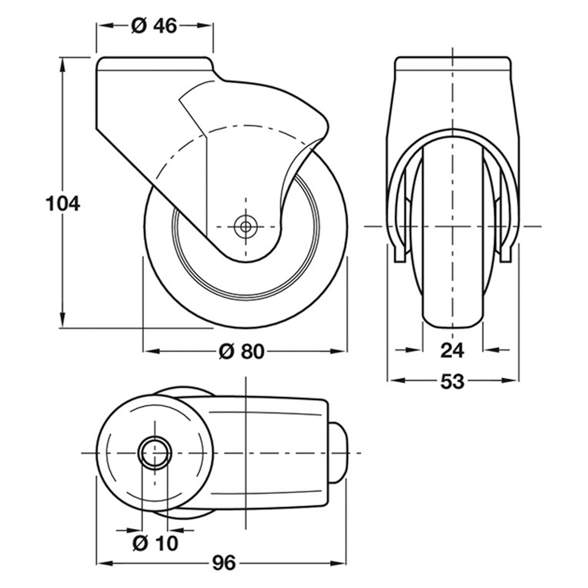 SWIVEL CASTOR NO BRAKE 70KG D80 PL