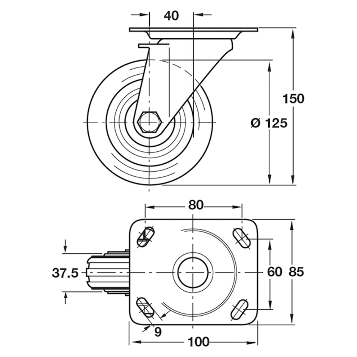 SWIVEL CAST NO BRAKE 100KG D125 ST