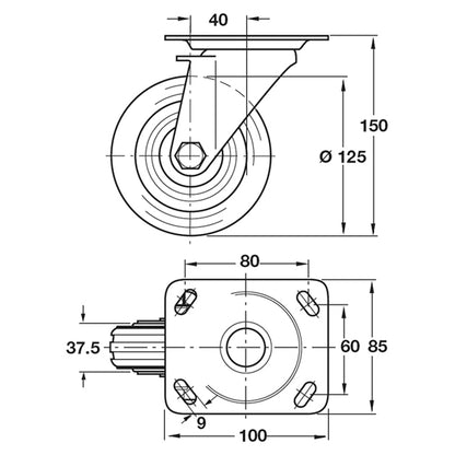 SWIVEL CAST NO BRAKE 100KG D125 ST