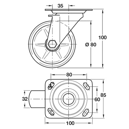 SWIVEL CASTOR PLATE 100KG D80 ST