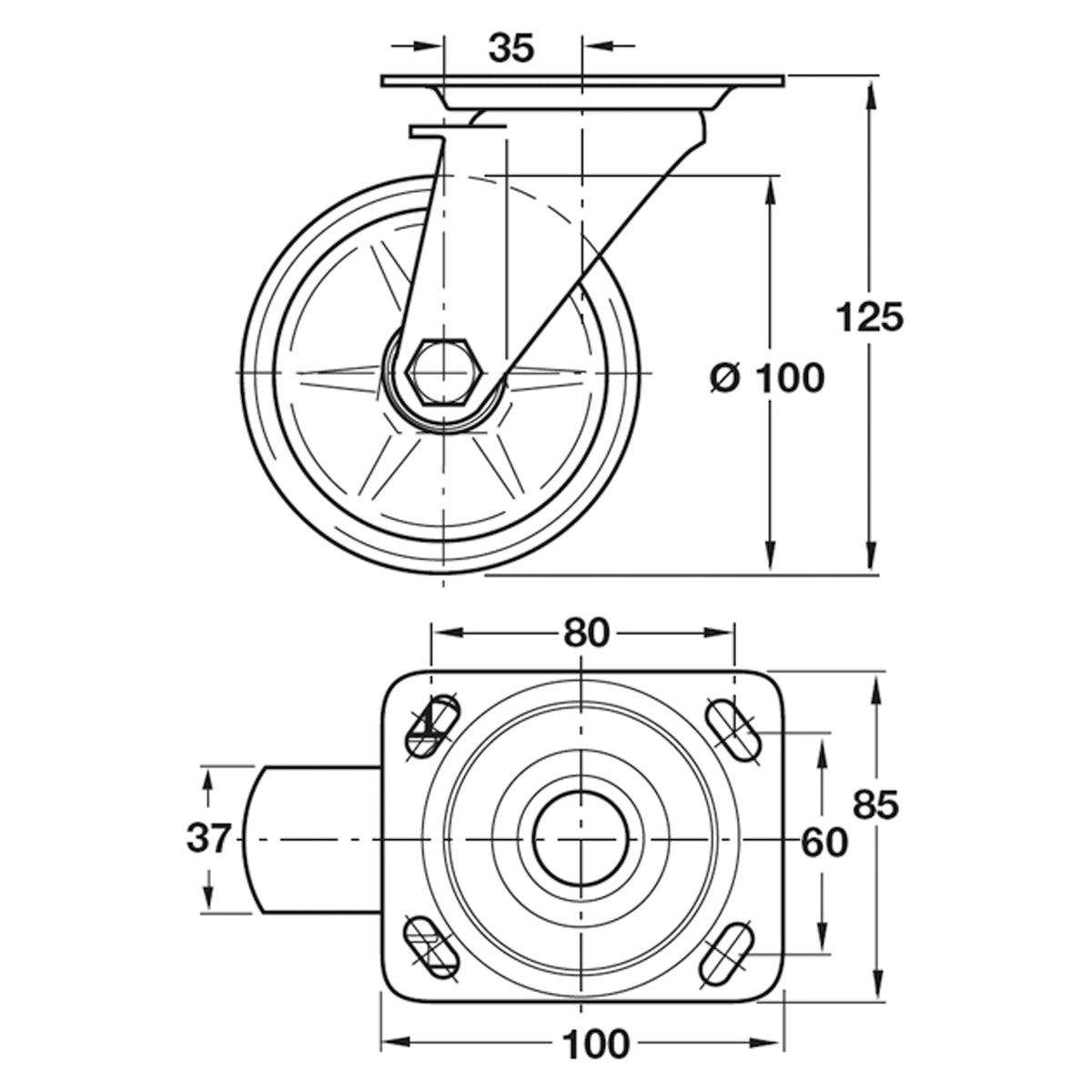 SWIVEL CASTOR PLATE 125KG D100 ST