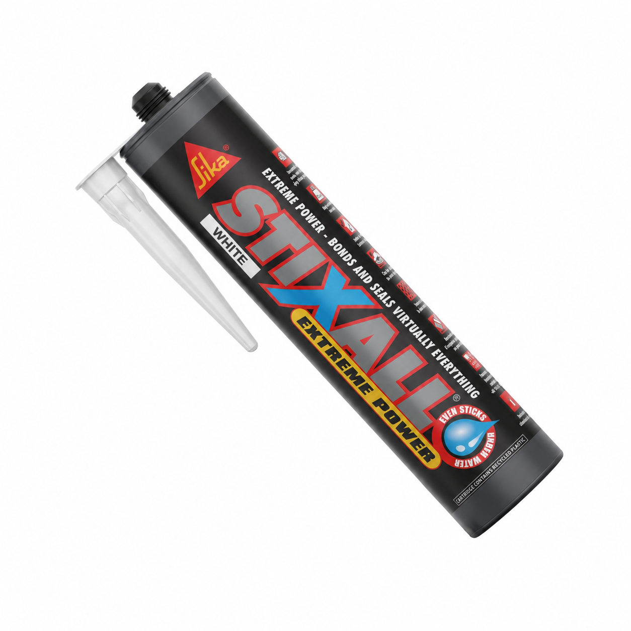 Sika Stixall Extreme Power Adhesive & Sealant 290ml White
A tube of Sika Stixall Extreme Power Exterior Bond and Seal in White, shown with its clear plastic applicator nozzle on a plain white background.