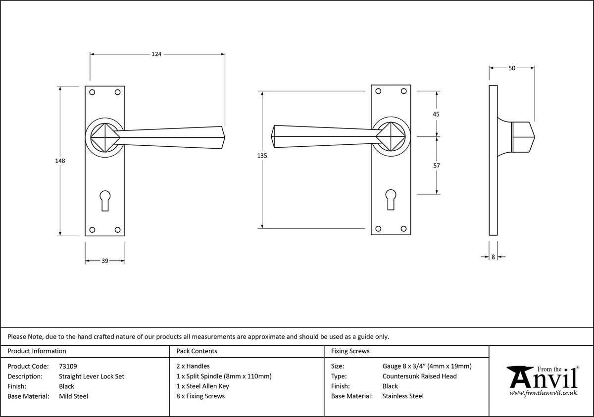 STRAIGHT LEVER HANDLE LOCK 124x148x50 BLK - 73109 by MARCHES (ANVIL) ARCHITECTURAL HARDWARE