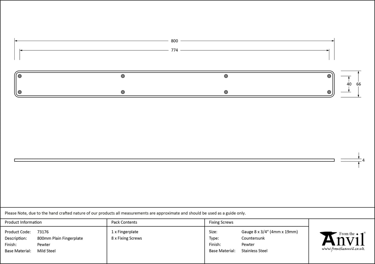 PLAIN FINGERPLATE 0800x66x4 PEW - 73176 by MARCHES (ANVIL) ARCHITECTURAL HARDWARE