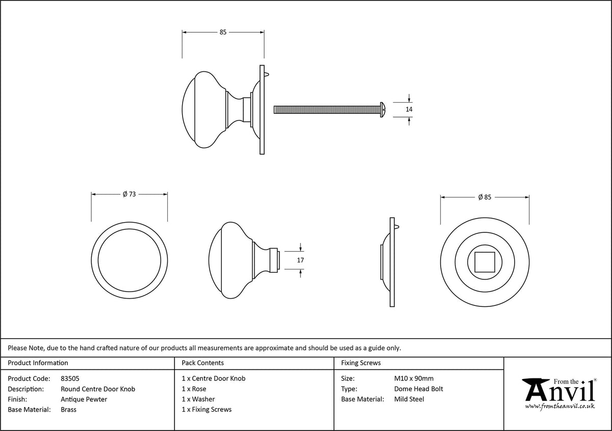 CENTRE DOOR KNOB 73x85x85 APW - 83505 by MARCHES (ANVIL) ARCHITECTURAL HARDWARE