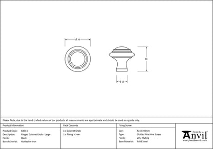RINGED CABINET KNOB 35x34x15 BLK - 83513 by MARCHES (ANVIL) ARCHITECTURAL HARDWARE