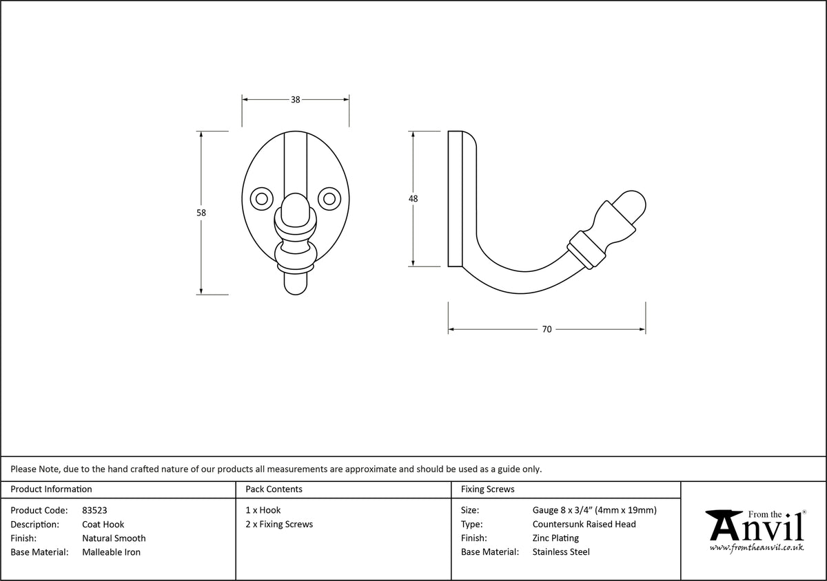 COAT HOOK 58x38x70 NSM - 83523 by MARCHES (ANVIL) ARCHITECTURAL HARDWARE