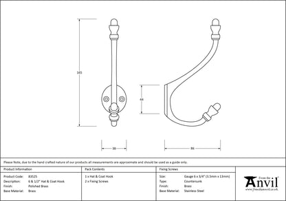 HAT+COAT HOOK 165x38x086 PBR - 83525 by MARCHES (ANVIL) ARCHITECTURAL HARDWARE
