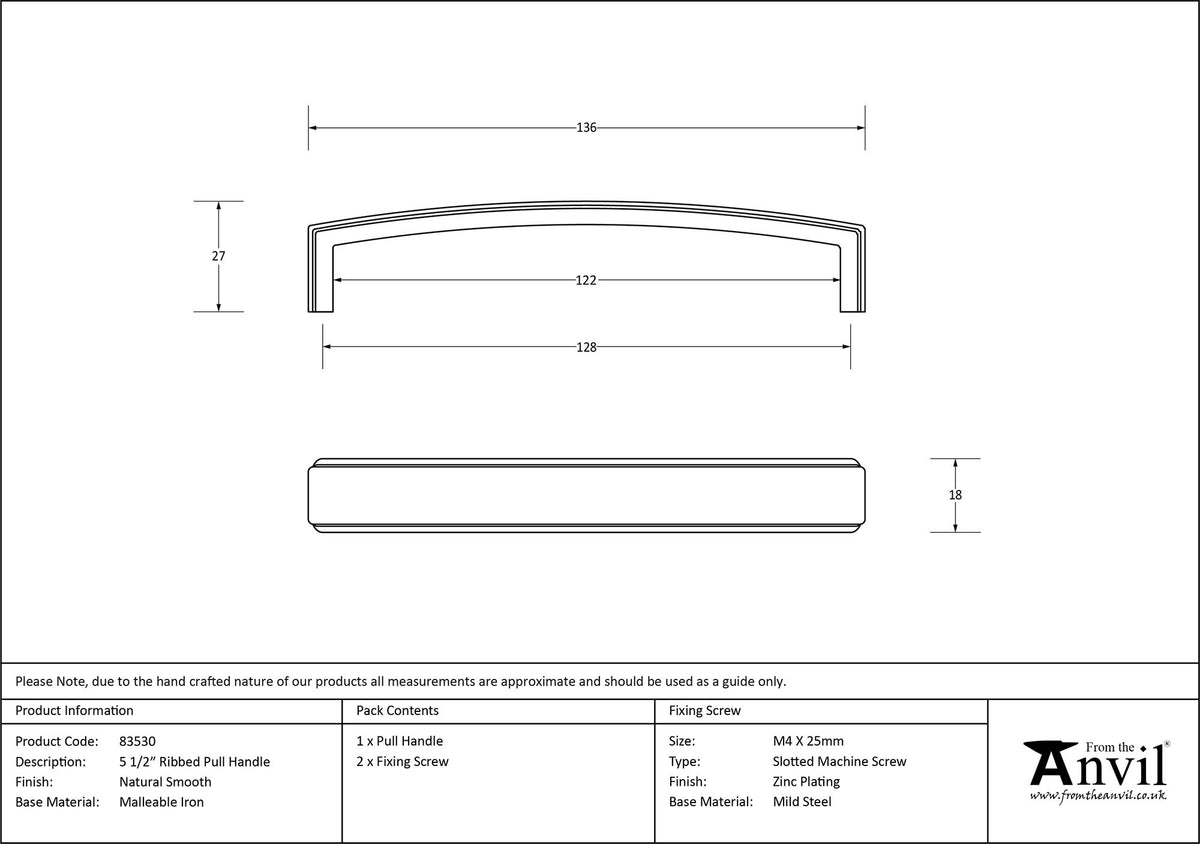 RIBBED PULL HANDLE 128HC 136x18x27 NSM - 83530 by MARCHES (ANVIL) ARCHITECTURAL HARDWARE