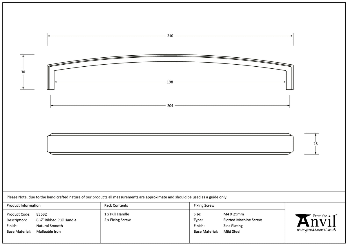 RIBBED PULL HANDLE 204HC 210x18x30 NSM - 83532 by MARCHES (ANVIL) ARCHITECTURAL HARDWARE