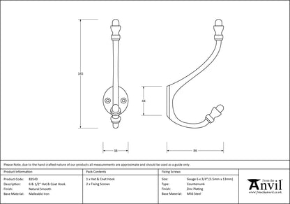 HAT+COAT HOOK 165x38x086 NSM - 83543 by MARCHES (ANVIL) ARCHITECTURAL HARDWARE