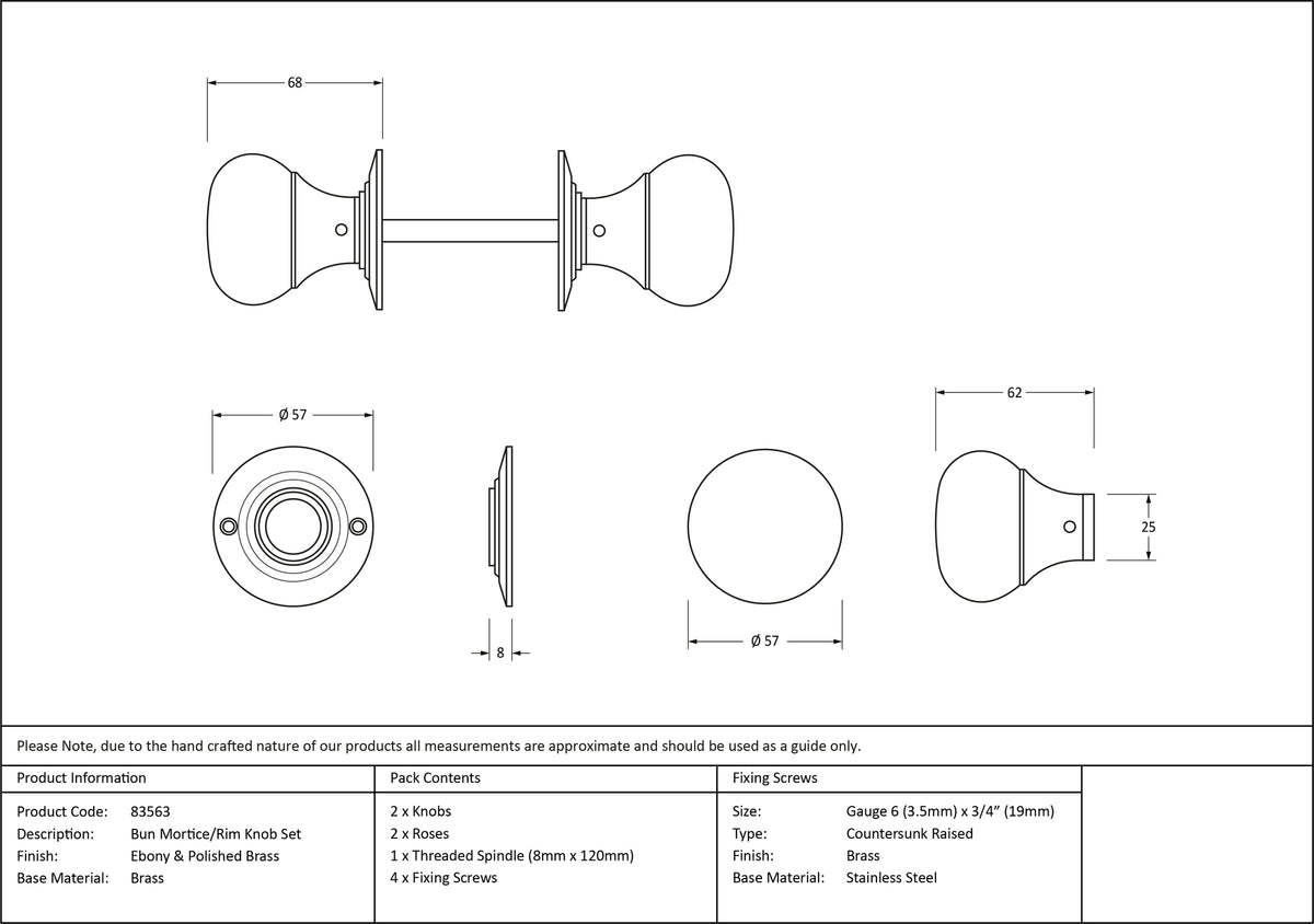 BUN WOODEN MORTICE/RIM KNOB 57x68x57 BUN EBO - 83563 by MARCHES (ANVIL) ARCHITECTURAL HARDWARE