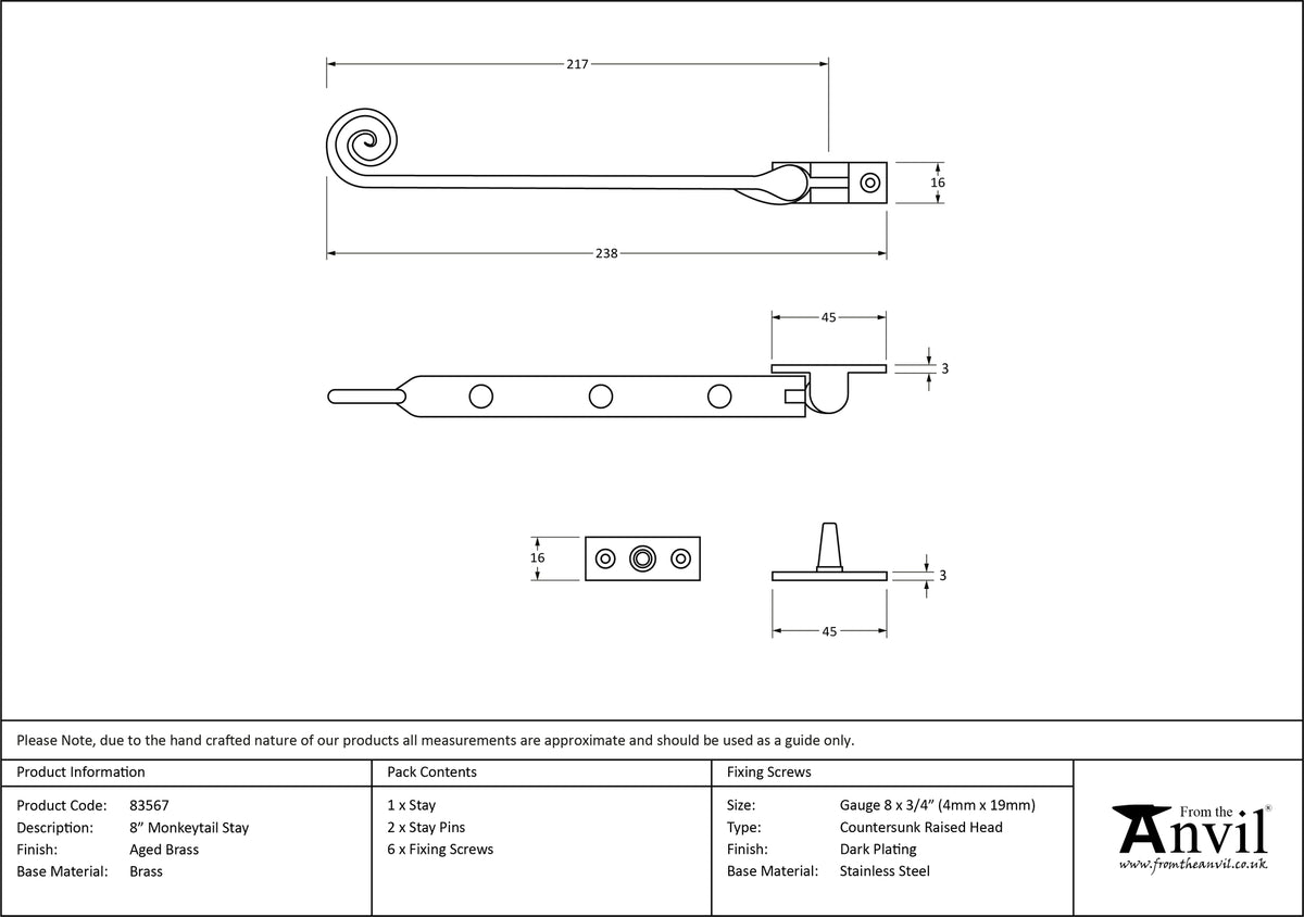 CAST MONKEYTAIL STAY 203 238x16x57 AGBR - 83567 by MARCHES (ANVIL) ARCHITECTURAL HARDWARE