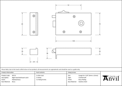 BATHROOM LATCH RH 128x79x22 PBR - 83571 by MARCHES (ANVIL) ARCHITECTURAL HARDWARE
