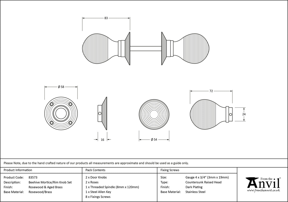 WOODEN BEEHIVE MORTICE/RIM KNOB 54x83x58 RWD/AGBR - 83573 by MARCHES (ANVIL) ARCHITECTURAL HARDWARE
