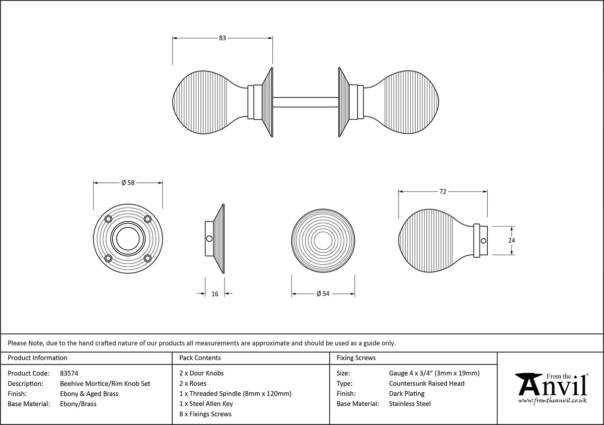 WOODEN BEEHIVE MORTICE/RIM KNOB 54x83x58 EBO/AGBR - 83574 by MARCHES (ANVIL) ARCHITECTURAL HARDWARE