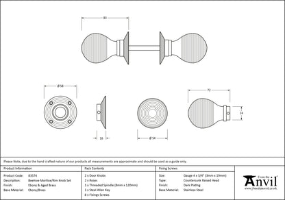WOODEN BEEHIVE MORTICE/RIM KNOB 54x83x58 EBO/AGBR - 83574 by MARCHES (ANVIL) ARCHITECTURAL HARDWARE