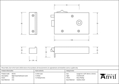 BATHROOM LATCH RH 128x79x22 IRON - 83576 by MARCHES (ANVIL) ARCHITECTURAL HARDWARE