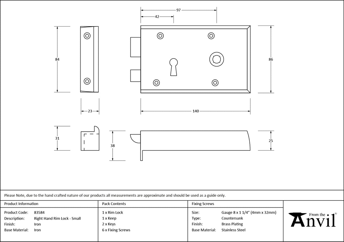 RIM LOCK SMALL RH 140x86x25 IRON - 83584 by MARCHES (ANVIL) ARCHITECTURAL HARDWARE
