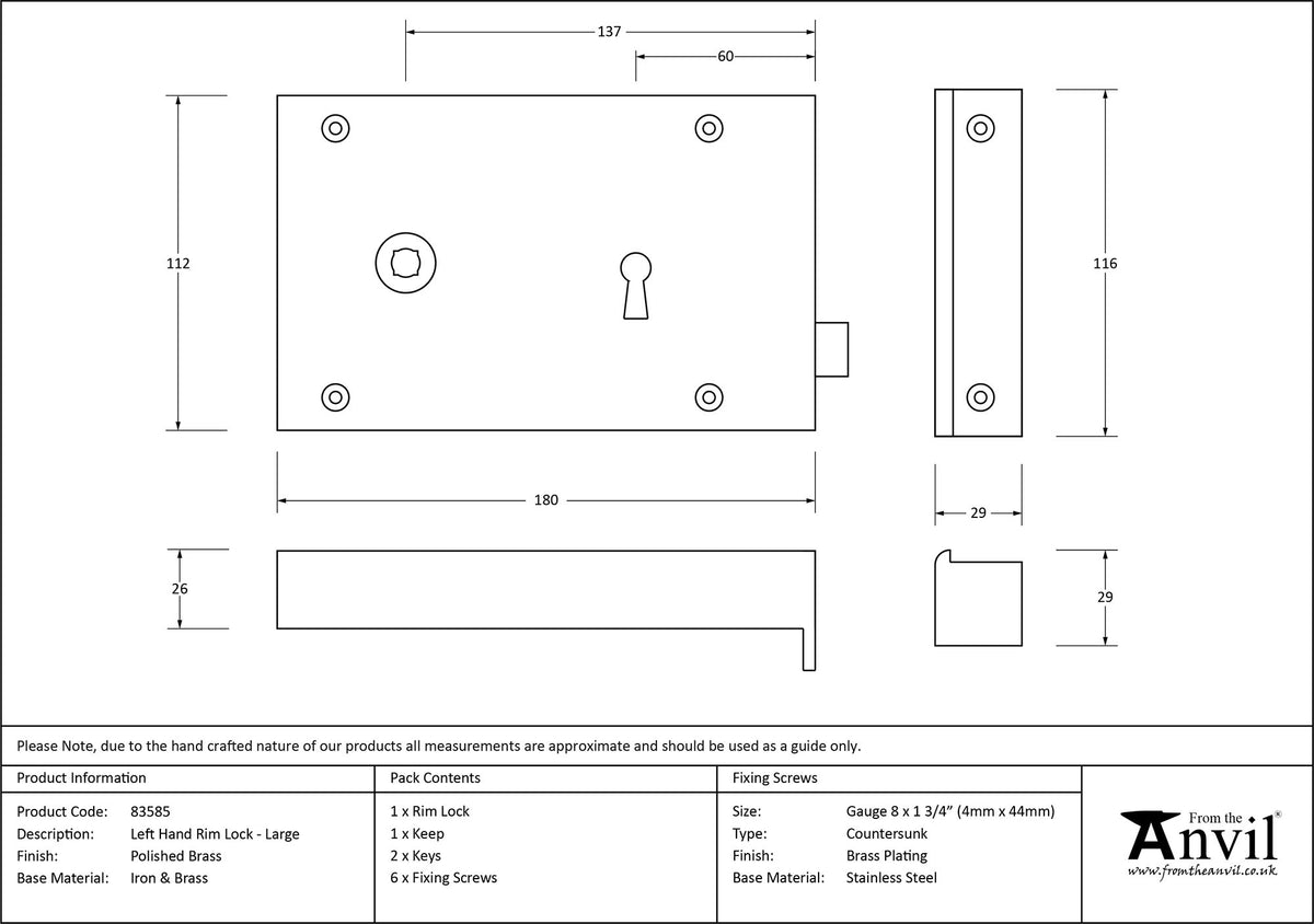 RIM LOCK LARGE LH 180x112x26 PBR - 83585 by MARCHES (ANVIL) ARCHITECTURAL HARDWARE