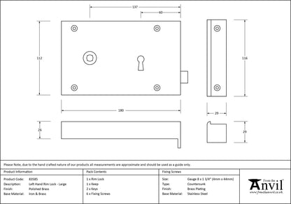 RIM LOCK LARGE LH 180x112x26 PBR - 83585 by MARCHES (ANVIL) ARCHITECTURAL HARDWARE