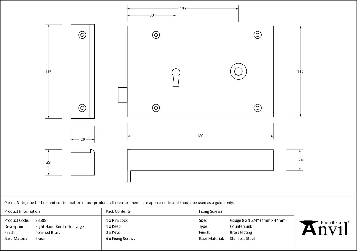 RIM LOCK LARGE RH 180x112x26 PBR - 83588 by MARCHES (ANVIL) ARCHITECTURAL HARDWARE