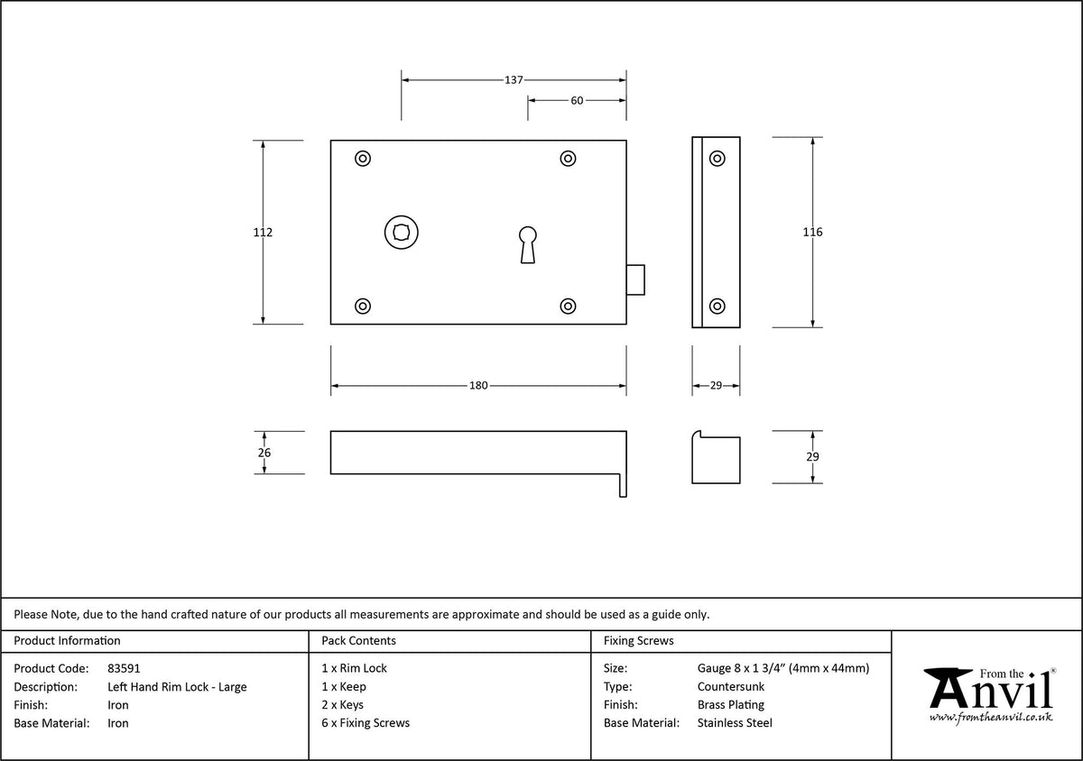 RIM LOCK LARGE LH 180x112x26 IRON - 83591 by MARCHES (ANVIL) ARCHITECTURAL HARDWARE