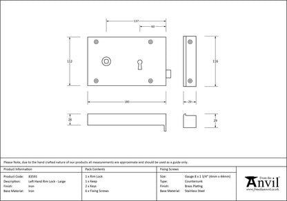 RIM LOCK LARGE LH 180x112x26 IRON - 83591 by MARCHES (ANVIL) ARCHITECTURAL HARDWARE