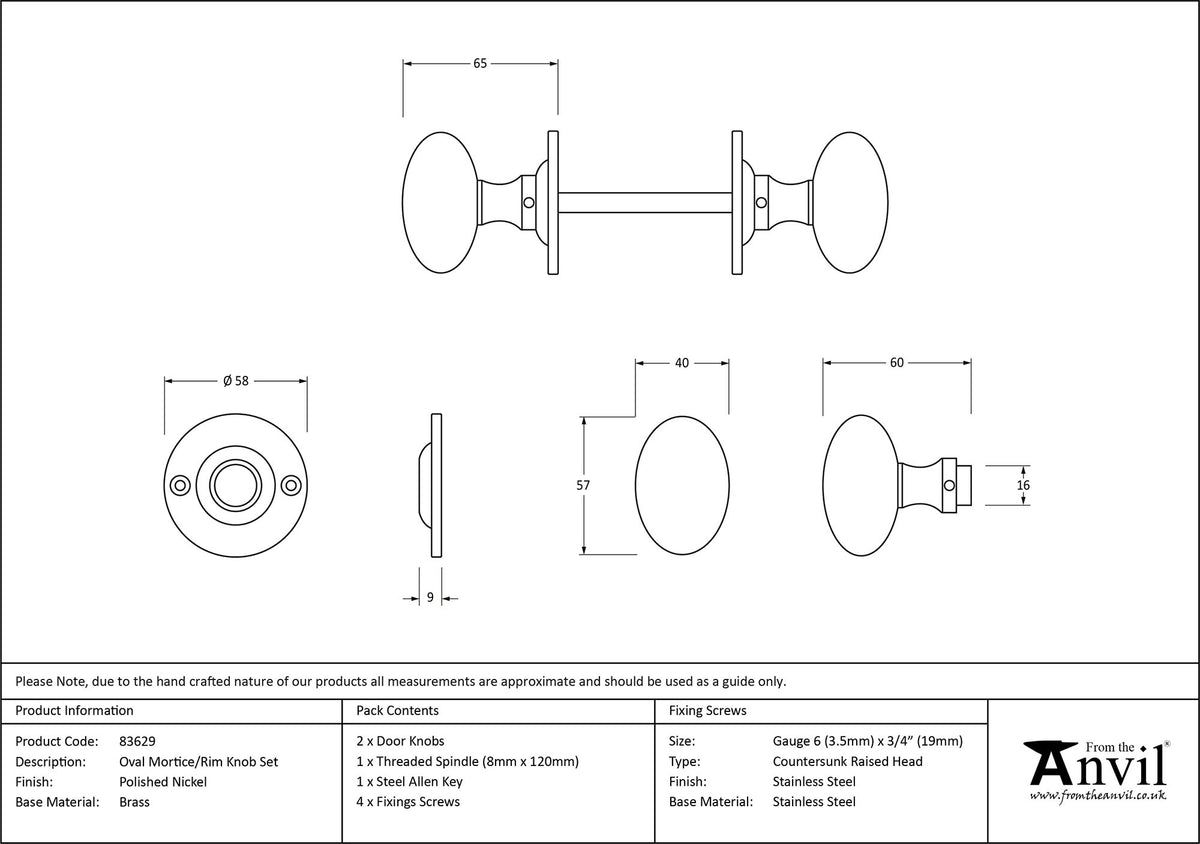 OVAL MORTICE/RIM KNOB 57x65x58 PNP - 83629 by MARCHES (ANVIL) ARCHITECTURAL HARDWARE