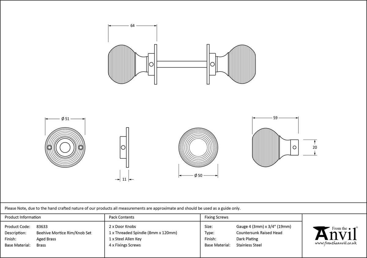 BEEHIVE MORTICE/RIM KNOB 50x64x51 AGBR - 83633 by MARCHES (ANVIL) ARCHITECTURAL HARDWARE