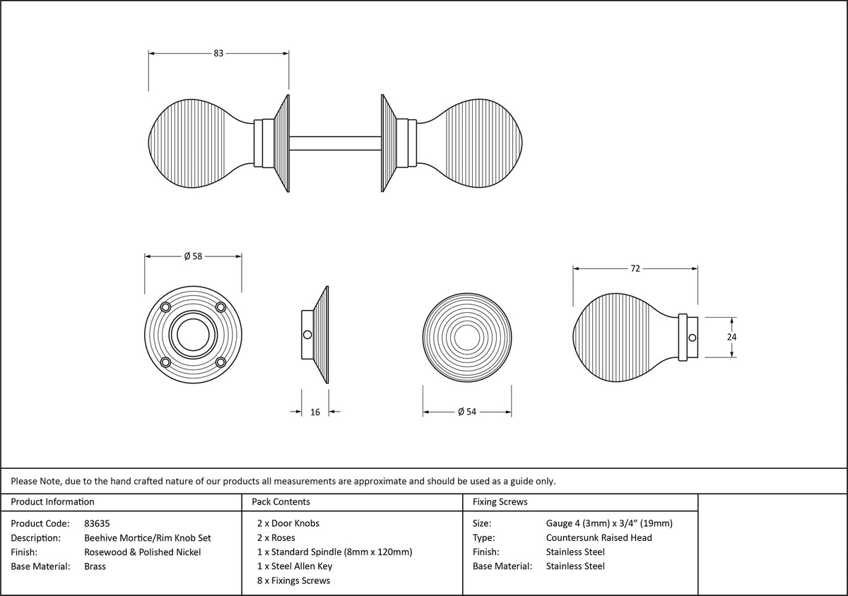 WOODEN BEEHIVE MORTICE/RIM KNOB 54x83x58 RWD/PNP - 83635 by MARCHES (ANVIL) ARCHITECTURAL HARDWARE