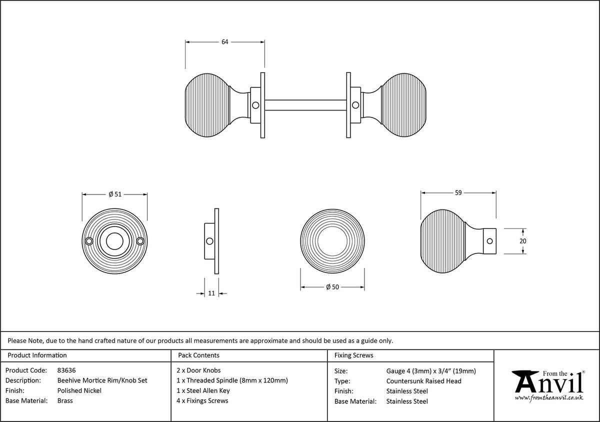 BEEHIVE MORTICE/RIM KNOB 50x64x51 PNP - 83636 by MARCHES (ANVIL) ARCHITECTURAL HARDWARE