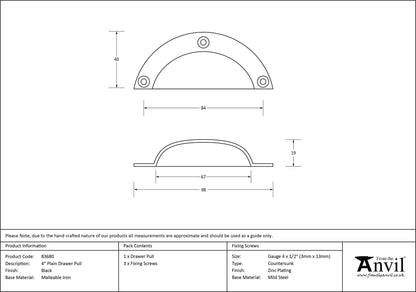 DRAWER PULL PLAIN 81HC 93x40x21 BLK - 83680 by MARCHES (ANVIL) ARCHITECTURAL HARDWARE