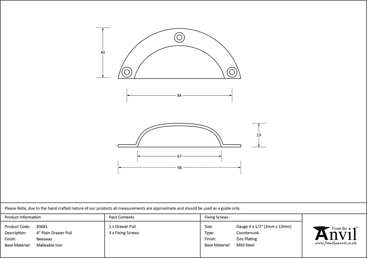 DRAWER PULL PLAIN 81HC 93x40x21 BWX - 83681 by MARCHES (ANVIL) ARCHITECTURAL HARDWARE