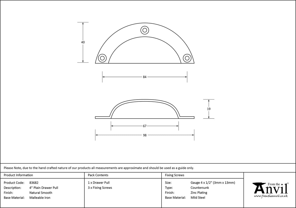 DRAWER PULL PLAIN 81HC 93x40x21 NSM - 83682 by MARCHES (ANVIL) ARCHITECTURAL HARDWARE