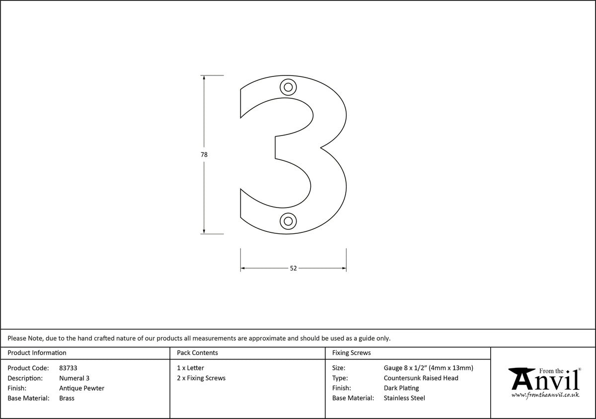 NUMERAL 3 78x52x8 APW - 83733 by MARCHES (ANVIL) ARCHITECTURAL HARDWARE