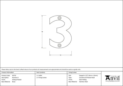 NUMERAL 3 78x52x8 APW - 83733 by MARCHES (ANVIL) ARCHITECTURAL HARDWARE