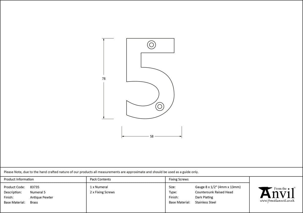 NUMERAL 5 78x58x8 APW - 83735 by MARCHES (ANVIL) ARCHITECTURAL HARDWARE