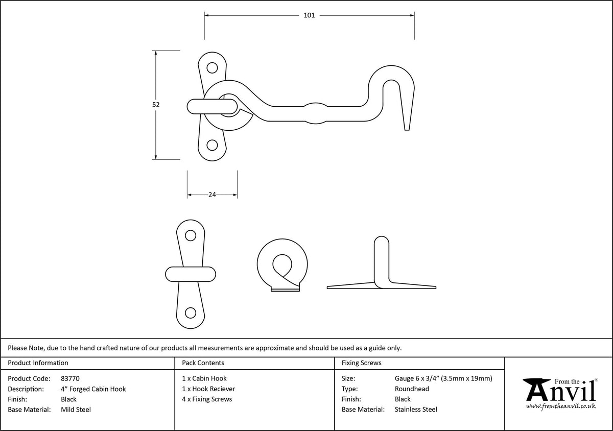 CABIN HOOK FORGED 106x52x12 BLK - 83770 by MARCHES (ANVIL) ARCHITECTURAL HARDWARE