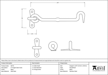 CABIN HOOK FORGED 147x55x12 BLK - 83771 by MARCHES (ANVIL) ARCHITECTURAL HARDWARE
