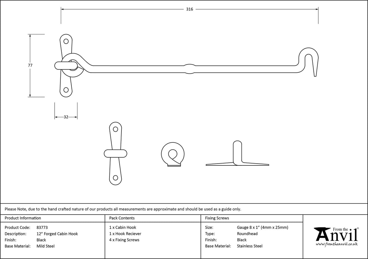 CABIN HOOK FORGED 316x77x17 BLK - 83773 by MARCHES (ANVIL) ARCHITECTURAL HARDWARE