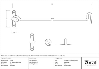 CABIN HOOK FORGED 367x77x17 BLK - 83774 by MARCHES (ANVIL) ARCHITECTURAL HARDWARE