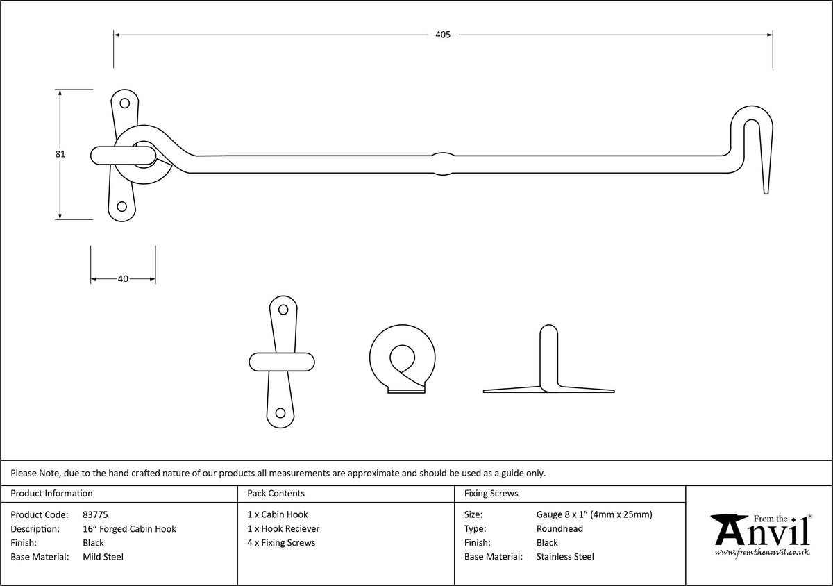 CABIN HOOK FORGED 413x84x20 BLK - 83775 by MARCHES (ANVIL) ARCHITECTURAL HARDWARE