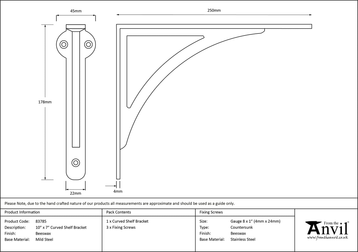 SHELF BRACKET CURVED 178x45x250 BWX - 83785 by MARCHES (ANVIL) ARCHITECTURAL HARDWARE