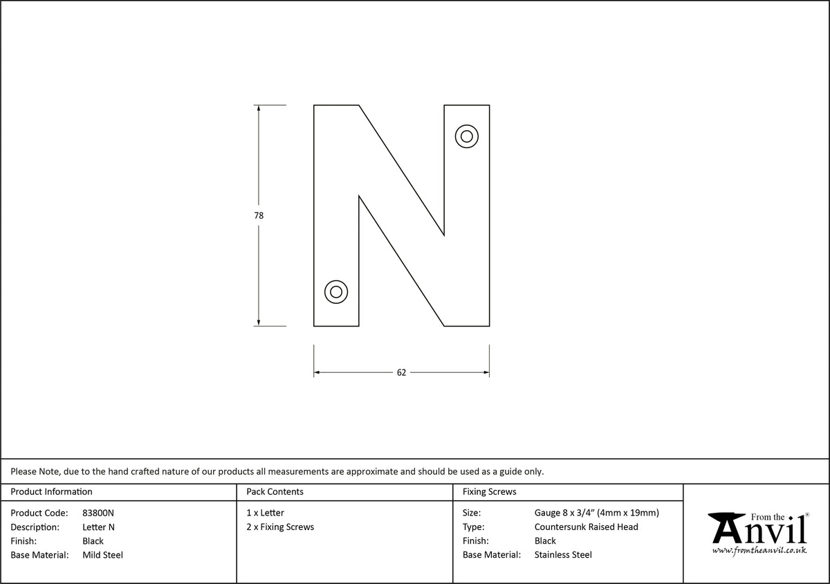 LETTER N 78x62x8 BLK - 83800N by MARCHES (ANVIL) ARCHITECTURAL HARDWARE