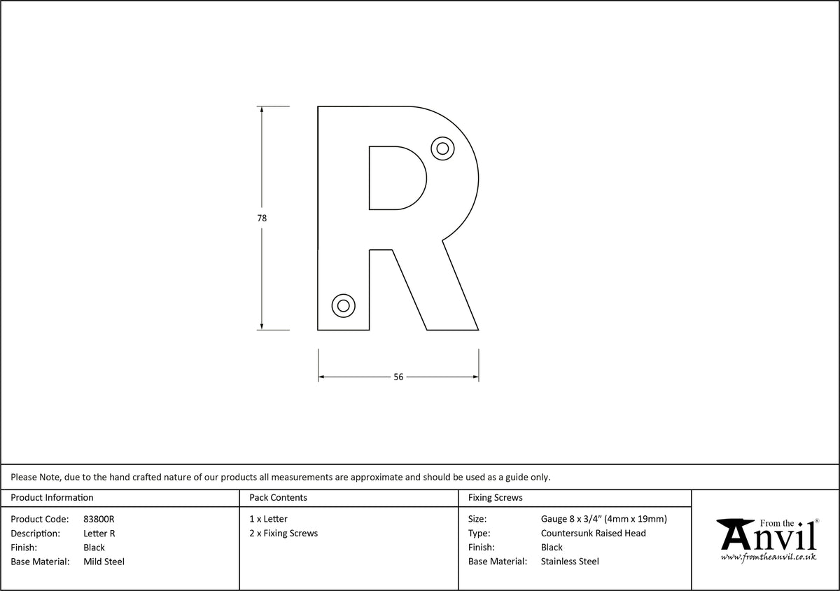 LETTER R 78x56x8 BLK - 83800R by MARCHES (ANVIL) ARCHITECTURAL HARDWARE