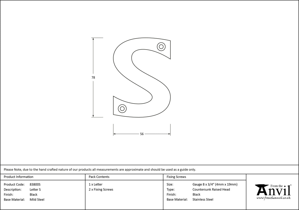 LETTER S 78x56x8 BLK - 83800S by MARCHES (ANVIL) ARCHITECTURAL HARDWARE