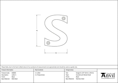 LETTER S 78x56x8 BLK - 83800S by MARCHES (ANVIL) ARCHITECTURAL HARDWARE